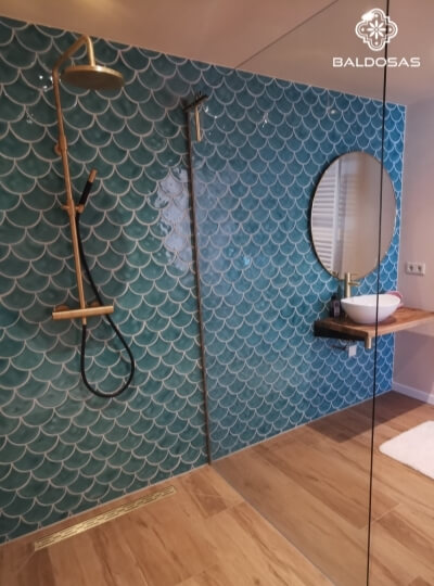 fish scale tiles blue wall tiles shower